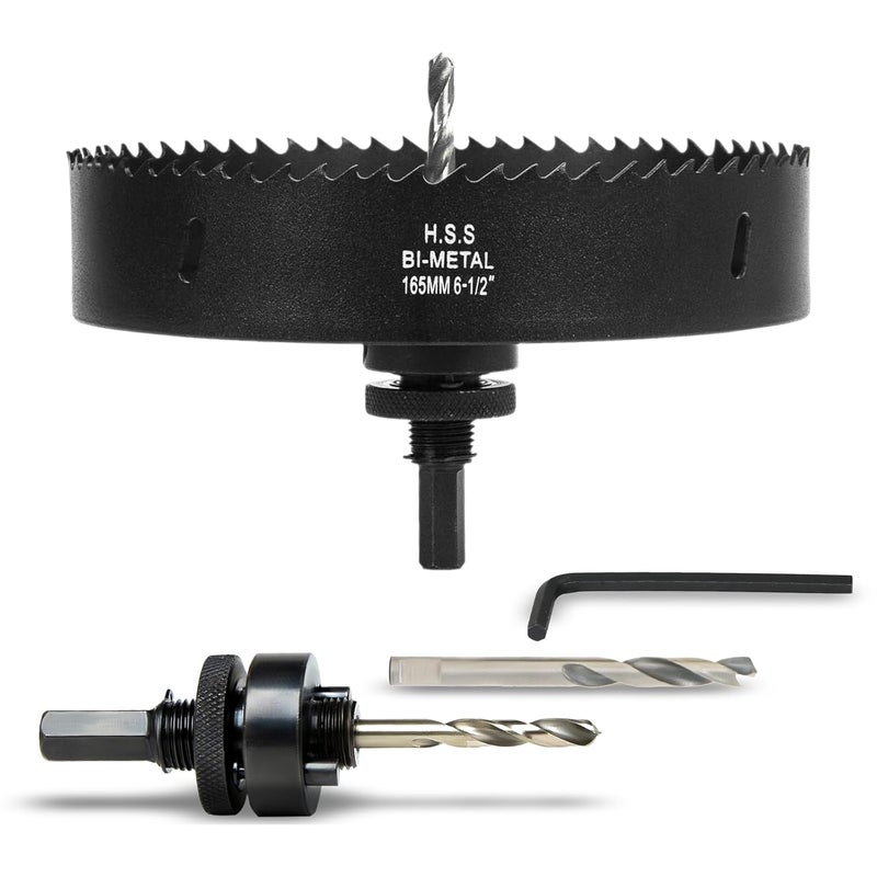 VIKITON 6-1/2 Inch Hole Saw with Arbor for Wood Metal Plastic, 6.5 in Bimetal Hole Cutter, Fast Chip Removal, Smooth Flat Drilling Edge, Lightweight & Portable (Black) - Image 1